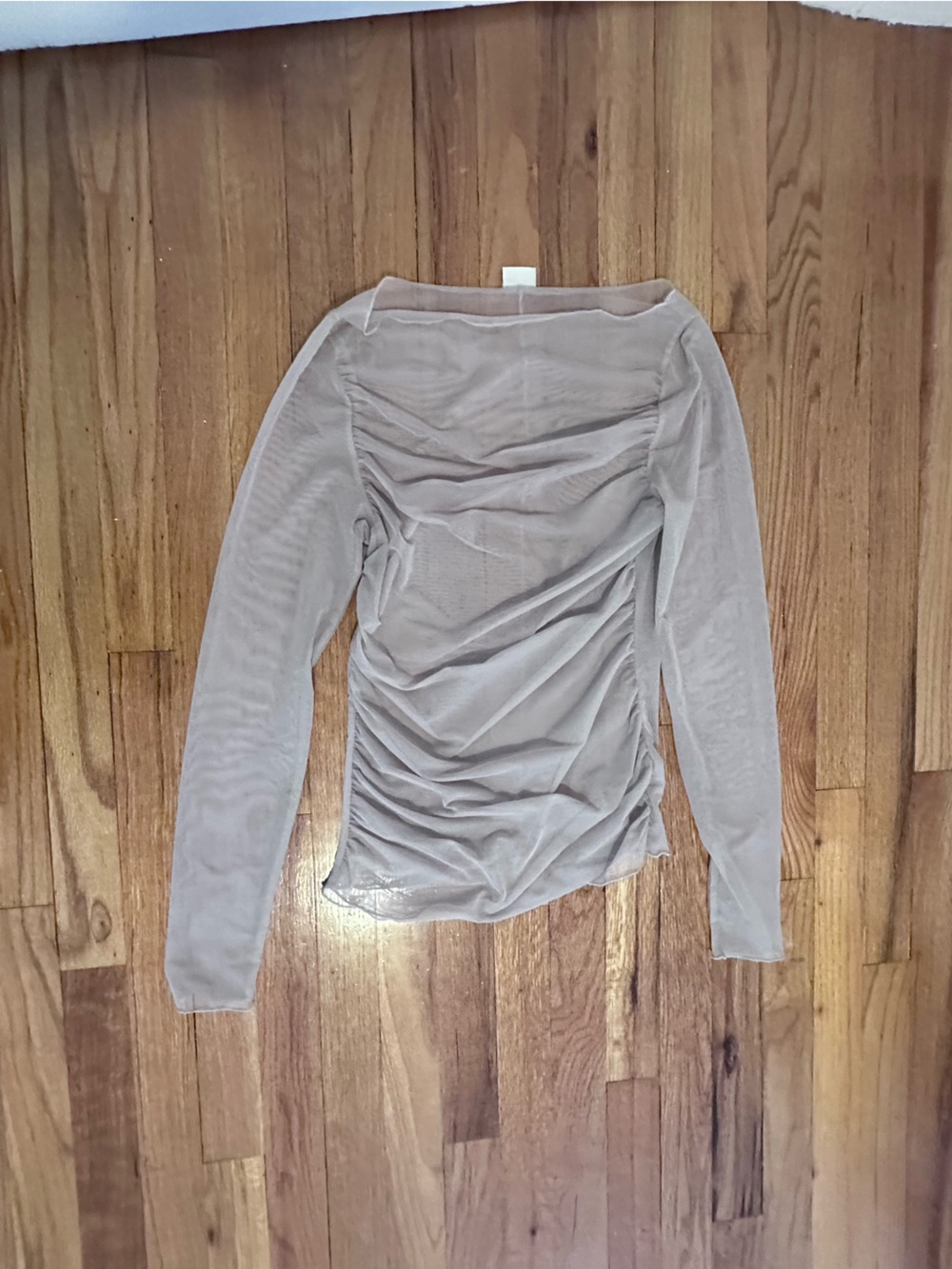 Abercrombie & Fitch Light Taupe Ruched Long-Sleeve Mesh Top